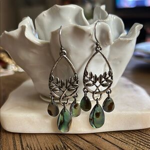 Silver Leaf Dangle Earrings with Mother of Pearl Accents